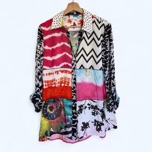 John Mark Multi-Colored Mix Print Roll Tab Sleeve Button Down Shirt Women's S
